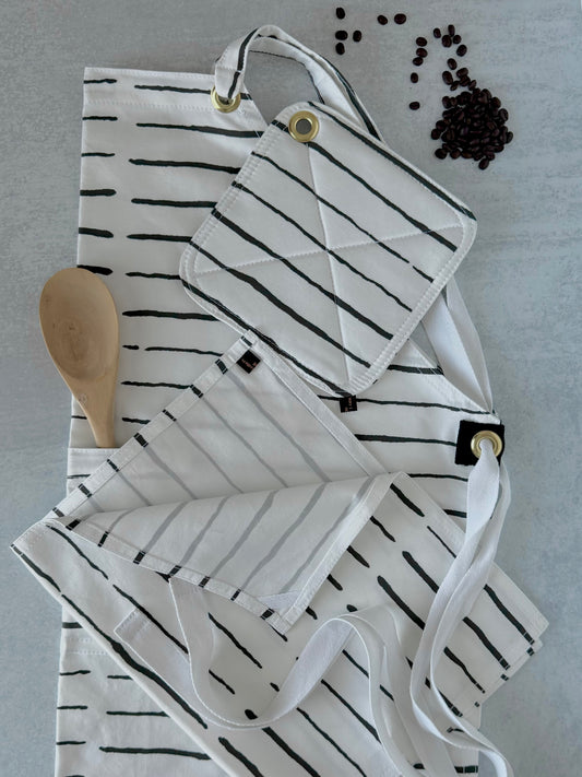 Kitchen Apron Set, White with Black Stripes Apron Set