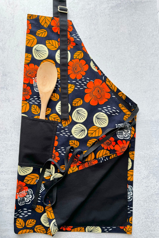 Ankara Apron, African Print Apron, Kitchen Apron, Navy Leaves and Flowers